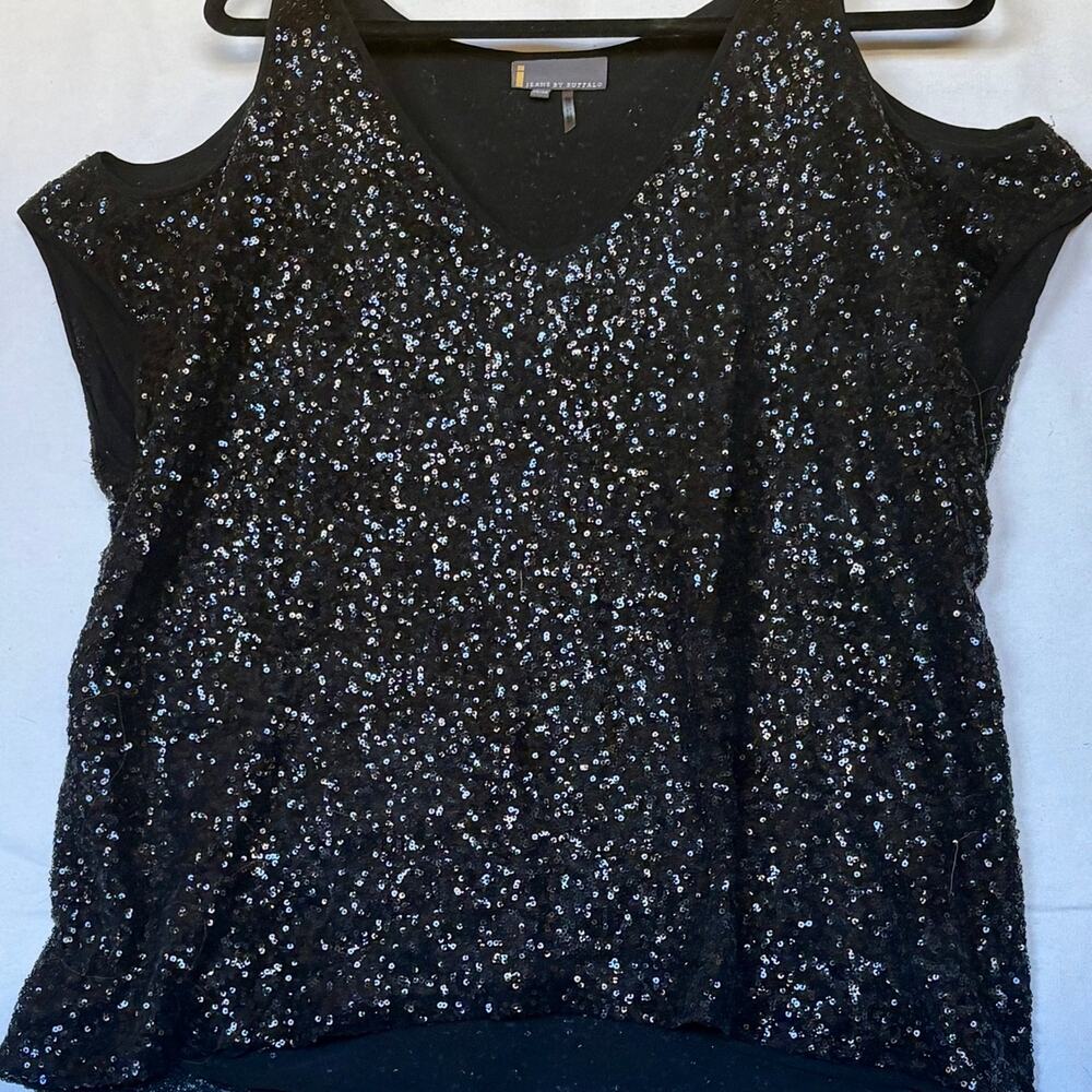 Jeans by Buffalo Black Sequin Cold Shoulder Short Sleeve Blouse Top XL XG